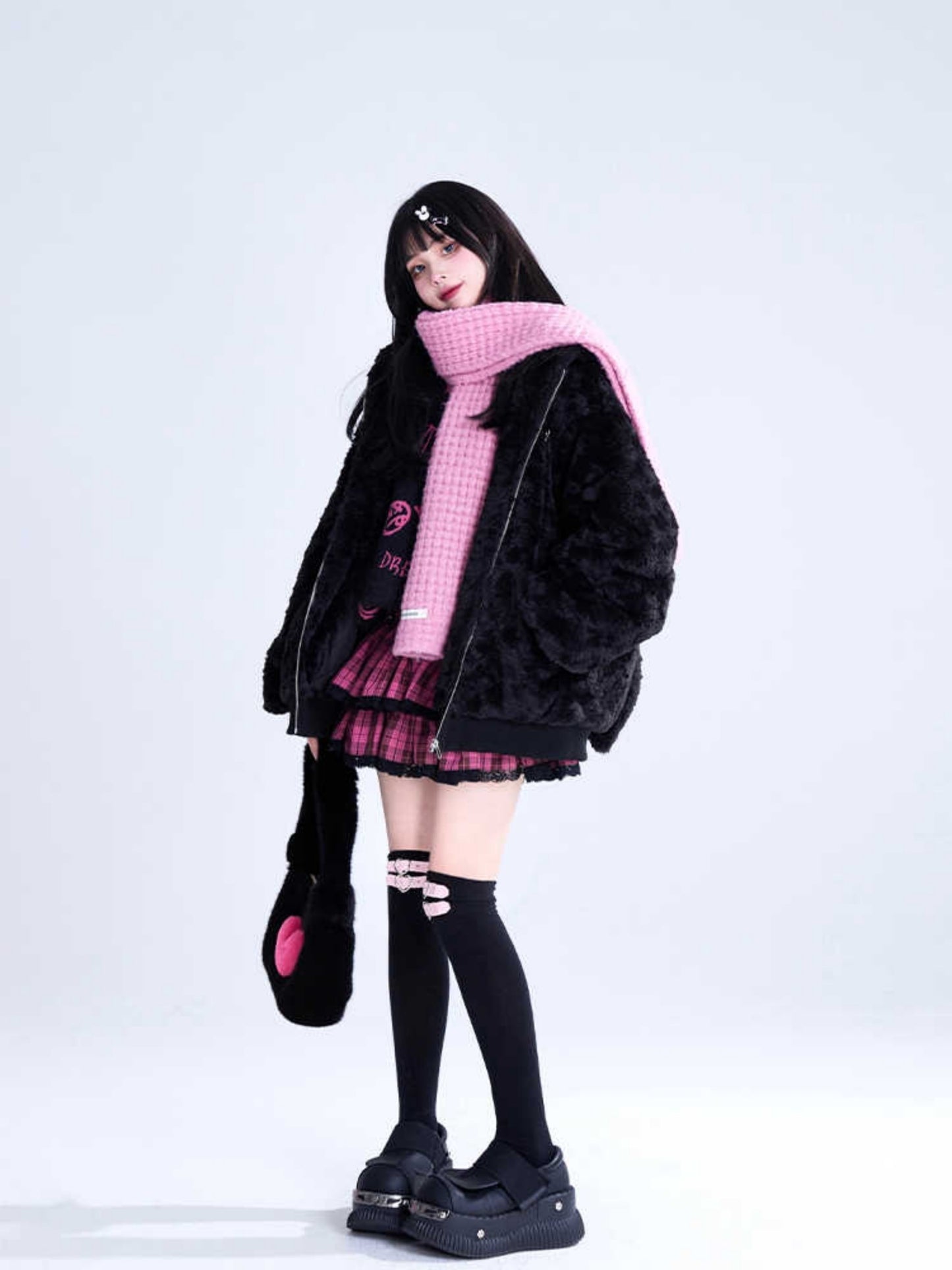 Black Lamb Wool Rabbit Ear Hood