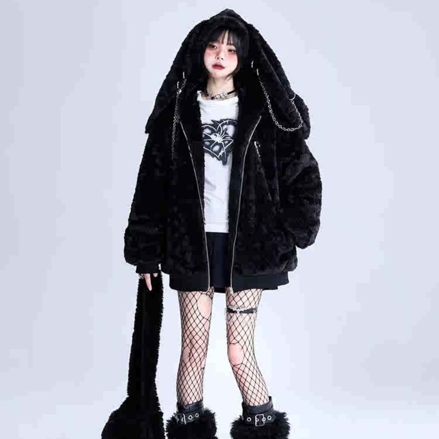 Black Lamb Wool Rabbit Ear Hood