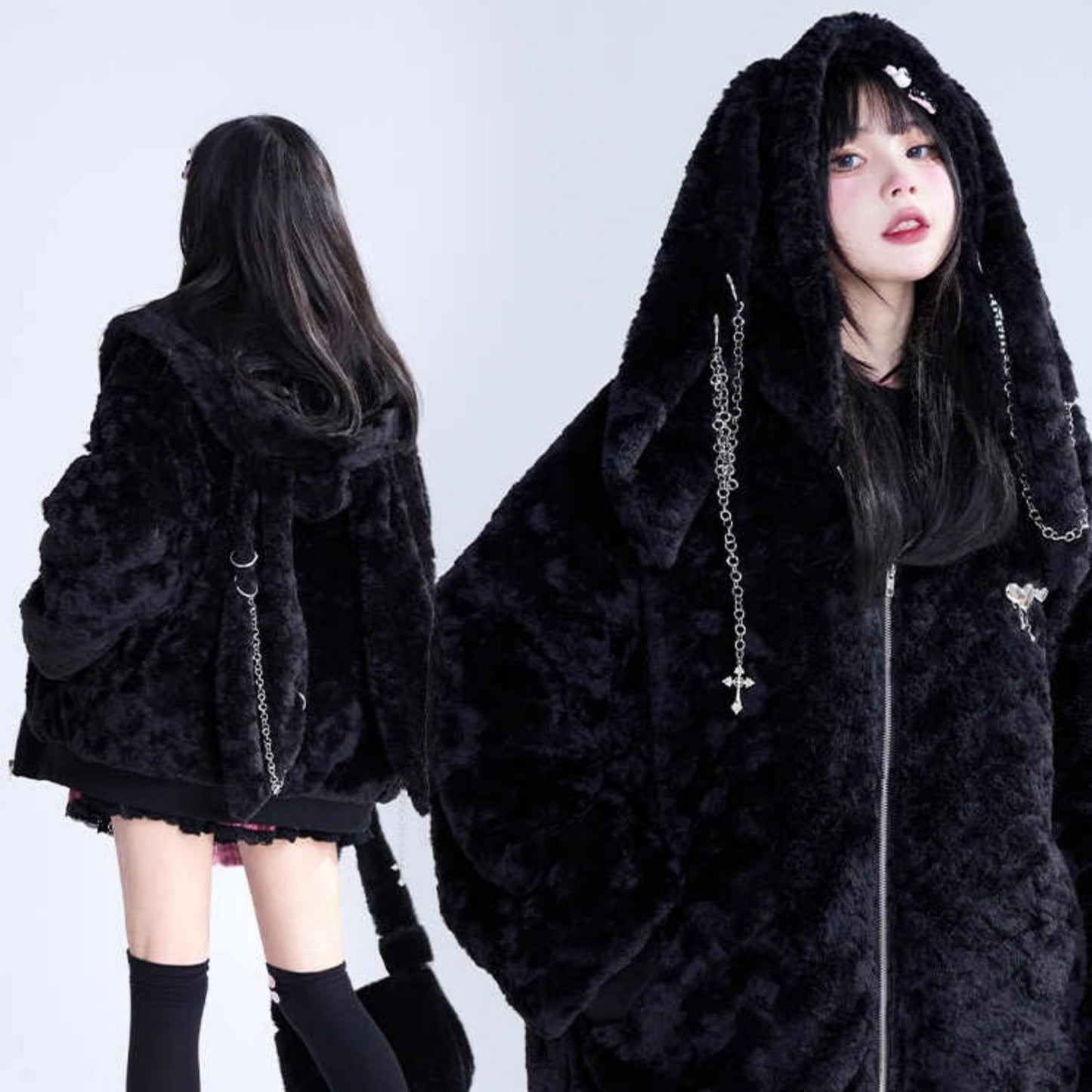 Black Lamb Wool Rabbit Ear Hood